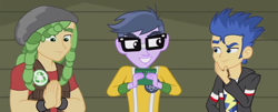 Size: 1364x550 | Tagged: safe, screencap, flash sentry, microchips, sandalwood, a banner day, equestria girls, friendship games, cropped, male, out of context