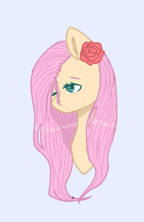 Size: 542x839 | Tagged: safe, artist:chibuuuowo, fluttershy, pegasus, pony, blue background, bust, flower, flower in hair, one eye closed, portrait, rose, simple background, solo