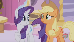 Size: 1162x660 | Tagged: safe, screencap, applejack, rarity, earth pony, pony, unicorn, honest apple, scrunchy face