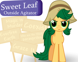 Size: 1280x1024 | Tagged: safe, artist:violetclm, sweet leaf, equestria girls, background human, caption, eco kids, equestria girls ponified, ponified, protest, simple background, solo, white background