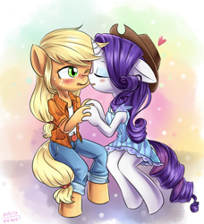 Size: 1450x1590 | Tagged: source needed, safe, artist:tcn1205, applejack, rarity, anthro, unguligrade anthro, clothes, cute, dress, female, kissing, lesbian, rarijack, shipping