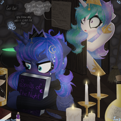 Size: 3000x3000 | Tagged: safe, artist:darkest-lunar-flower, princess celestia, princess luna, alicorn, pony, blushing, broom, candle, cobblestone wall, crown, embarrassed, hourglass, jewelry, magic, mocking, potion, potions, quill, quill pen, regalia, sweat, trollestia