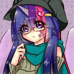 Size: 1748x1748 | Tagged: safe, artist:p.m, derpibooru import, twilight sparkle, human, glasses, humanized, solo