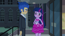 Size: 1920x1080 | Tagged: safe, screencap, flash sentry, twilight sparkle, equestria girls, equestria girls (movie), arm behind back, bare shoulders, blushing, clothes, dress, fall formal outfits, female, flashlight, male, shipping, sleeveless, smiling, straight, strapless, twilight ball dress