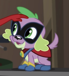 Size: 425x467 | Tagged: safe, screencap, applejack, humdrum, mistress marevelous, spike, spike the regular dog, dog, equestria girls, movie magic, spoiler:eqg specials, clothes, costume, cropped, cute, power ponies, solo focus, spikabetes