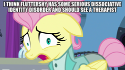 Size: 1920x1080 | Tagged: safe, edit, edited screencap, screencap, fluttershy, pegasus, pony, fake it 'til you make it, clothes, dissociation, dissociative identity disorder, female, image macro, mare, meme, mental illness, multiple personality, nervous, open mouth, severeshy