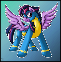 Size: 1857x1871 | Tagged: safe, artist:stormblaze-pegasus, derpibooru import, twilight sparkle, twilight sparkle (alicorn), alicorn, pony, alternate hairstyle, female, mare, punklight sparkle, simple background, smiling, solo, wonderbolts uniform