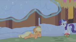 Size: 1234x692 | Tagged: safe, screencap, applejack, rarity, earth pony, pony, unicorn, not asking for trouble, magic, snow, telekinesis