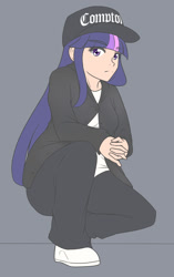 Size: 944x1500 | Tagged: safe, artist:jonfawkes, derpibooru import, twilight sparkle, human, cap, clothes, commission, eazy-e, hat, humanized, nwa, patreon, shoes, simple background, solo, straight outta compton, swag