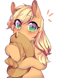 Size: 1200x1600 | Tagged: safe, artist:ms-xana, applejack, earth pony, pony, blushing, covering, crying, cute, simple background, solo, white background, wingding eyes