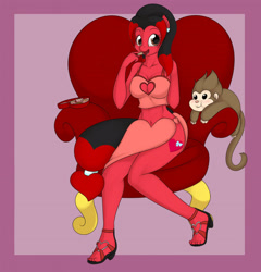 Size: 2777x2892 | Tagged: safe, artist:kloudmutt, edit, oc, oc only, oc:sweet valentina, anthro, monkey, plantigrade anthro, anthro oc, belly button, boob window, chocolate, cleavage, clothes, colored, feet, female, heart, high heels, looking at you, midriff, ponyrumi, sandals, skirt, sofa, solo