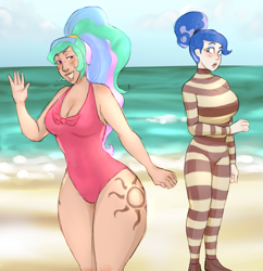 Size: 1032x1064 | Tagged: safe, artist:cottoncloudy, princess celestia, princess luna, human, between dark and dawn, beach, bun, cis, cis girl, clothes, humanized, one-piece swimsuit, ponytail, swimsuit, tattoo