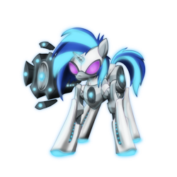 Size: 2100x2100 | Tagged: safe, artist:zedrin, dj pon-3, vinyl scratch, pony, unicorn, armor, badass, bass cannon, cyberpunk, glow, glowing horn, mask, powered exoskeleton, solo