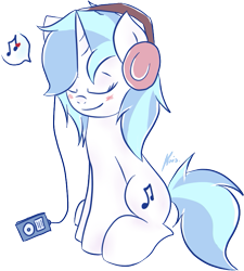 Size: 661x735 | Tagged: safe, artist:kristysk, dj pon-3, vinyl scratch, pony, unicorn, blushing, headphones, ipod, mp3 player, music, music notes, music player, pictogram, simple background, solo, transparent background