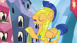 Size: 1280x720 | Tagged: safe, screencap, flash sentry, pegasus, pony, twilight's kingdom, armor, eyes closed, helmet, male, royal guard armor, wings