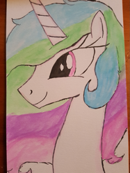 Size: 747x1000 | Tagged: safe, artist:notawriteranon, princess celestia, alicorn, pony, messy mane, side view, solo, traditional art, watercolor painting