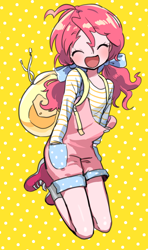 Size: 800x1350 | Tagged: safe, artist:quizia, pinkie pie, human, :d, alternate hairstyle, backpack, bow, clothes, cute, diapinkes, eyes closed, female, hair bow, hair ribbon, hand in pocket, hands in pockets, happy, humanized, kneeling, overalls, pigtails, shoes, solo, twintails