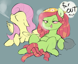 Size: 3000x2500 | Tagged: safe, artist:veesocks, fluttershy, tree hugger, earth pony, pegasus, pony, 30 minute art challenge, dialogue, dreadlocks, drugs, duo, female, flutterhigh, flutterjoint, high, joint, mare, marijuana, pillow, simple background, smoke, smoking, tree stoner, wing hold, wings