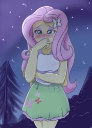 Size: 2338x3248 | Tagged: safe, artist:sumin6301, fluttershy, equestria girls, blushing, clothes, crying, female, night, sad, skirt, solo, tanktop, tree