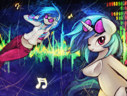 Size: 2880x2160 | Tagged: safe, artist:lumineko, dj pon-3, vinyl scratch, human, pony, bipedal, duality, equestria daily, headphones, human ponidox, humanized, light skin, looking at you, psychedelic, smiling, solo, wink