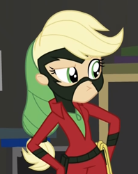 Size: 378x478 | Tagged: safe, screencap, applejack, mistress marevelous, equestria girls, movie magic, spoiler:eqg specials, clothes, costume, cropped, power ponies, solo