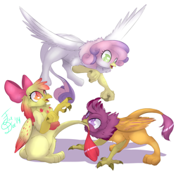 Size: 1908x1868 | Tagged: safe, artist:farewelldecency, apple bloom, scootaloo, sweetie belle, griffon, colored wings, colored wingtips, cutie mark crusaders, flying, griffonized, my little griffon, signature, simple background, sitting, species swap, trio, white background