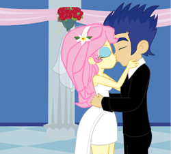 Size: 814x736 | Tagged: safe, artist:ilovegreendeathsalot, flash sentry, fluttershy, equestria girls, clothes, dress, female, flutterflash, hug, kissing, male, marriage, shipping, straight, wedding, wedding dress