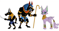 Size: 1280x681 | Tagged: safe, artist:brendahickey, idw, baast, king anubis, cat, jackal, sphinx, spoiler:comic, spoiler:comic24, ancient anugypt, ankh, anubis, armor, concept art, crescent moon, earring, egyptian, eye of horus, female, forked tail, jewelry, male, simple background, spear, staff, white background, wings