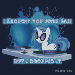 Size: 550x550 | Tagged: safe, artist:rozasupreme, dj pon-3, vinyl scratch, pony, unicorn, but i eated it, clothes, drop the bass, merchandise, redbubble, shirt, solo, sticker, text