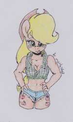 Size: 725x1210 | Tagged: safe, artist:marta4708, applejack, anthro, belly button, both cutie marks, clothes, daisy dukes, hand on hip, looking at you, midriff, short shirt, shorts, simple background, solo, straw, traditional art