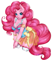 Size: 1341x1563 | Tagged: safe, artist:bunnywhiskerz, pinkie pie, anthro, earth pony, breasts, cleavage, clothes, cute, female, looking at you, mare, simple background, solo, tongue out, white background