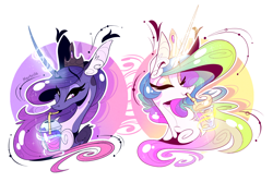 Size: 2994x1995 | Tagged: safe, artist:marbola, princess celestia, princess luna, alicorn, pony, bust, digital art, drink, eyes closed, female, looking at you, magic, mare, royal sisters, siblings, sisters, slushie, smiling, smoothie