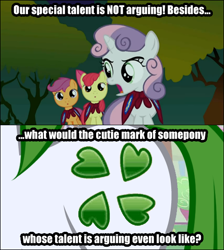 Size: 480x535 | Tagged: safe, edit, edited screencap, screencap, apple bloom, scootaloo, sweetie belle, earth pony, pegasus, pony, unicorn, stare master, 4chan, cape, clothes, cmc cape, cutie mark, cutie mark crusaders, female, filly, image macro, meta