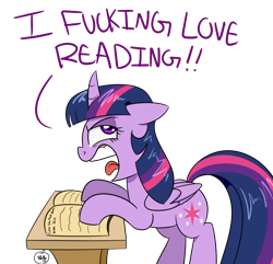 Size: 1280x1236 | Tagged: safe, artist:notenoughapples, derpibooru import, twilight sparkle, twilight sparkle (alicorn), alicorn, pony, book, female, floppy ears, mare, open mouth, simple background, solo, that pony sure does love books, transparent background, vulgar