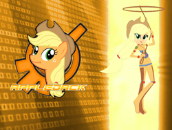 Size: 1024x768 | Tagged: safe, artist:10networks, applejack, equestria girls, bracelet, clothes, code lyoko, cutie mark, hat, jewelry, knee pads, lasso, rope, solo, uniform, xana