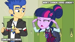 Size: 800x450 | Tagged: safe, edit, edited screencap, screencap, flash sentry, sci-twi, twilight sparkle, equestria girls, friendship games, caption, china, chinese, chinese food, clothes, cooking, female, glasses, hank williams, image macro, jacket, male, narrowed eyes, not racist, shirt, stephen yan, t-shirt, teenager, text, wok, wok with yan