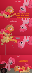 Size: 1920x4320 | Tagged: safe, artist:red4567, apple bloom, applejack, pinkie pie, earth pony, pony, 3d, absurd resolution, barn, bugs bunny, comic, dialogue, falling, pinkie being pinkie, reference, sound effects, source filmmaker, upside down, wheelbarrow