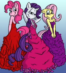 Size: 1172x1280 | Tagged: safe, artist:driprat, fluttershy, pinkie pie, rarity, anthro, armpits, clothes, commission, dress, female, gown, looking at you, looking over shoulder, pose, smiling, wingless, wingless anthro