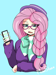 Size: 2736x3648 | Tagged: safe, artist:morestar, fluttershy, human, fake it 'til you make it, cellphone, glasses, hat, high res, hipstershy, humanized, phone, solo