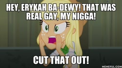 Size: 600x334 | Tagged: safe, edit, edited screencap, screencap, applejack, equestria girls, rainbow rocks, image macro, meme, solo, the boondocks, vulgar