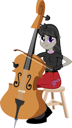 Size: 2430x4341 | Tagged: safe, artist:strumfreak, octavia melody, equestria girls, absurd resolution, background human, bow (instrument), cello, cello bow, clothes, gloves, long hair, looking at you, musical instrument, necktie, simple background, sitting, skirt, solo, stool, transparent background, vector