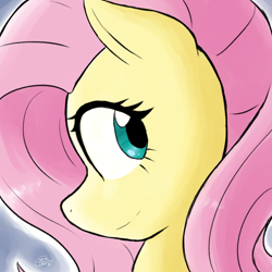 Size: 1024x1024 | Tagged: safe, artist:zaron, fluttershy, pegasus, pony, bust, female, looking at you, looking back, looking back at you, looking sideways, mare, portrait, profile, smiling, solo