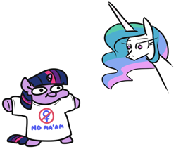 Size: 847x717 | Tagged: safe, artist:jargon scott, princess celestia, twilight sparkle, alicorn, pony, bipedal, clothes, duo, married with children, shirt, simple background, t pose, t-shirt, twiggie, white background