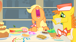 Size: 1280x720 | Tagged: safe, screencap, applejack, carrot cake, earth pony, pony, a bird in the hoof, bandana, food, hatless, missing accessory, nose in the air, open mouth, uvula, volumetric mouth