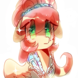 Size: 1600x1600 | Tagged: safe, artist:jojofassbender, fluttershy, pegasus, pony, alternate hairstyle, clothes, cute, dress, eye clipping through hair, eyestrain warning, female, floppy ears, headdress, mare, no pupils, shyabetes, simple background, solo, sparkles, white background