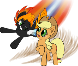 Size: 1446x1231 | Tagged: safe, artist:underwoodart, applejack, oc, oc:firewing, earth pony, pegasus, pony, flying, male, simple background, stallion, transparent background