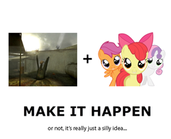 Size: 680x552 | Tagged: safe, apple bloom, scootaloo, sweetie belle, earth pony, pegasus, pony, unicorn, cutie mark crusaders, exploitable meme, female, filly, half-life, half-life 2, headcrab shell, make it happen, meta