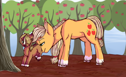 Size: 1024x625 | Tagged: safe, artist:loladotz, applejack, oc, earth pony, pony, apple orchard, apple tree, blaze (coat marking), colt, duo, female, male, mare, mother and child, mother and son, nudging, offspring, parent and child, parent:applejack, parent:trouble shoes, parents:troublejack, socks (coat marking), story included, unshorn fetlocks, wavy mouth