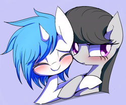 Size: 1780x1486 | Tagged: safe, artist:skippy_the_moon, dj pon-3, octavia melody, vinyl scratch, earth pony, pony, best friends, blushing, eyes closed, female, hug, lesbian, pixiv, scratchtavia, shipping