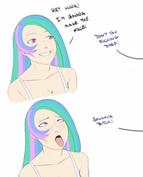 Size: 2370x2932 | Tagged: safe, artist:eve-ashgrove, princess celestia, human, ahegao, clothes, comic, dialogue, female, funny, humanized, implied princess luna, open mouth, smiling, solo, vulgar